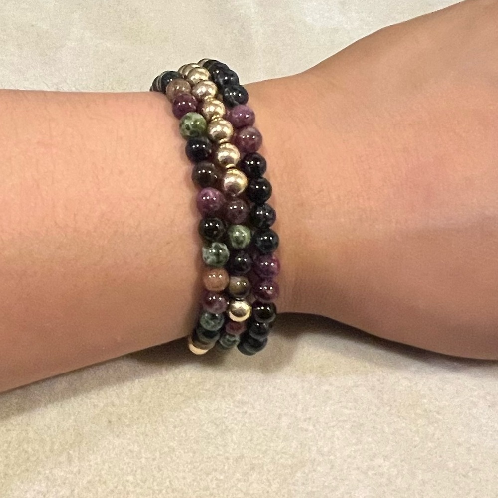 Watermelon Tourmaline Gold Filled Gemstone Set of 3 Stretch Stacking Bracelet